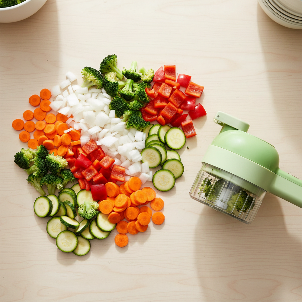 Vista superior de verduras picadas con cortador eléctrico verde